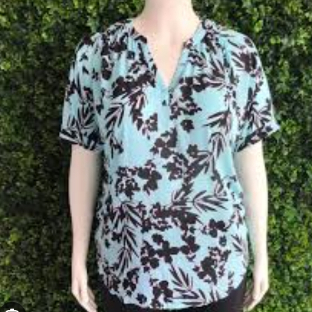 Worthington Light Blue Floral Split-Neck Blouse